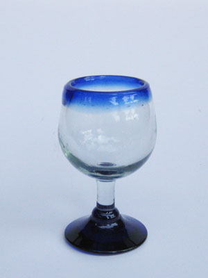 copas tipo 'chaser' con tallo y borde azul cobalto, 2.5 oz, Vidrio Reciclado, Libre de Plomo y Toxinas